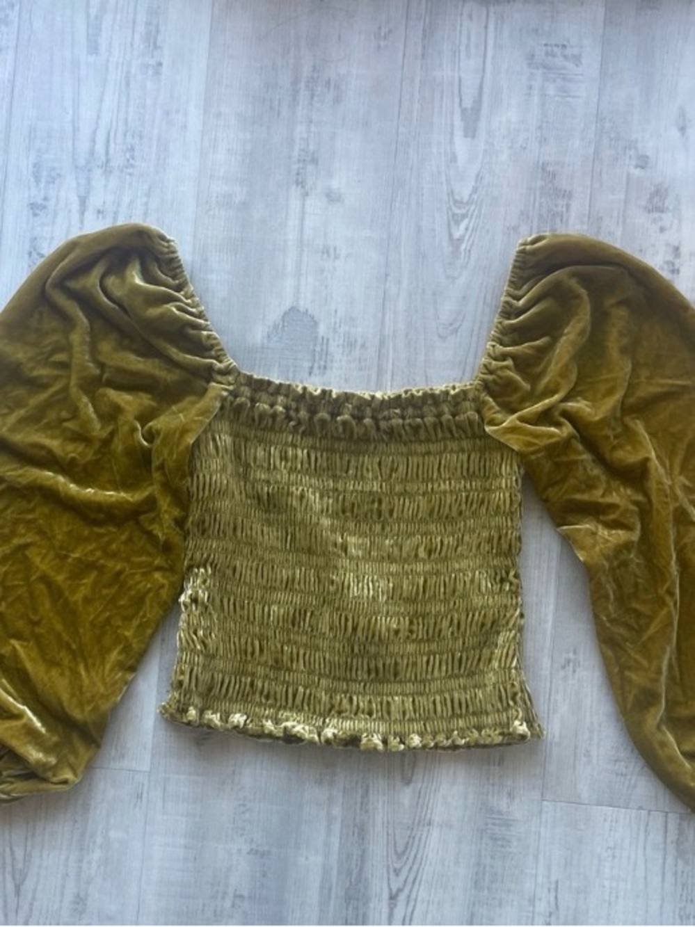 Anthropologie Gold Smocked Body Square Neck Puff Sleeved Velvet Blouse XS - Picture 9 of 11